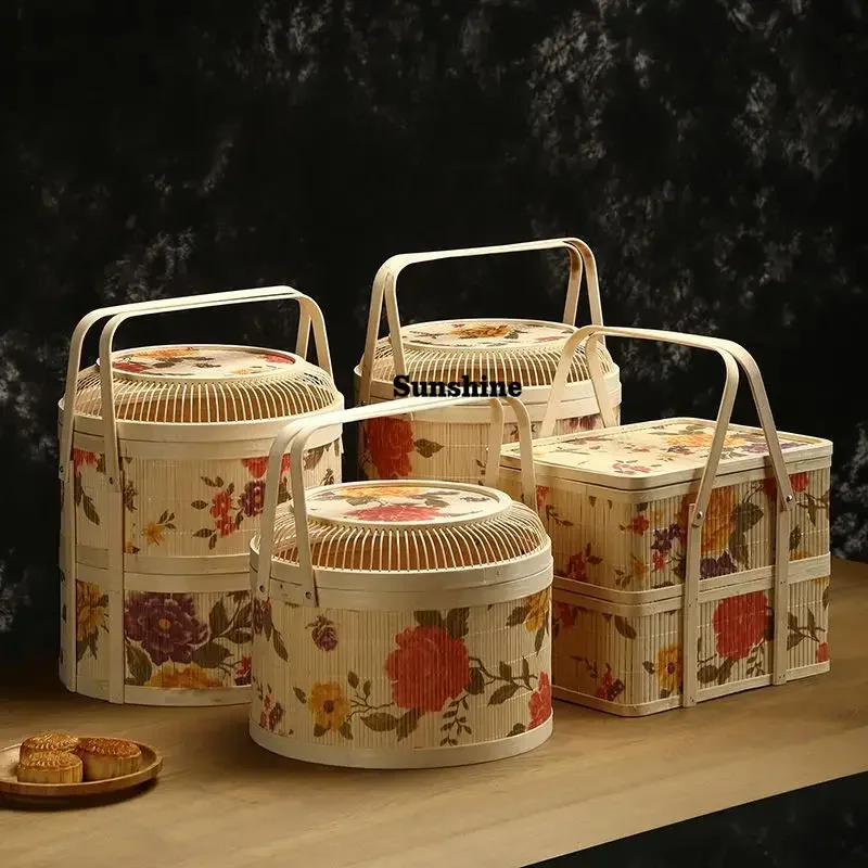 Kitchen Basket for Rice Dumplings and Mooncakes, Souvenir Packaging, Round Peony Flower, Portable Bamboo Basket, Bamboo