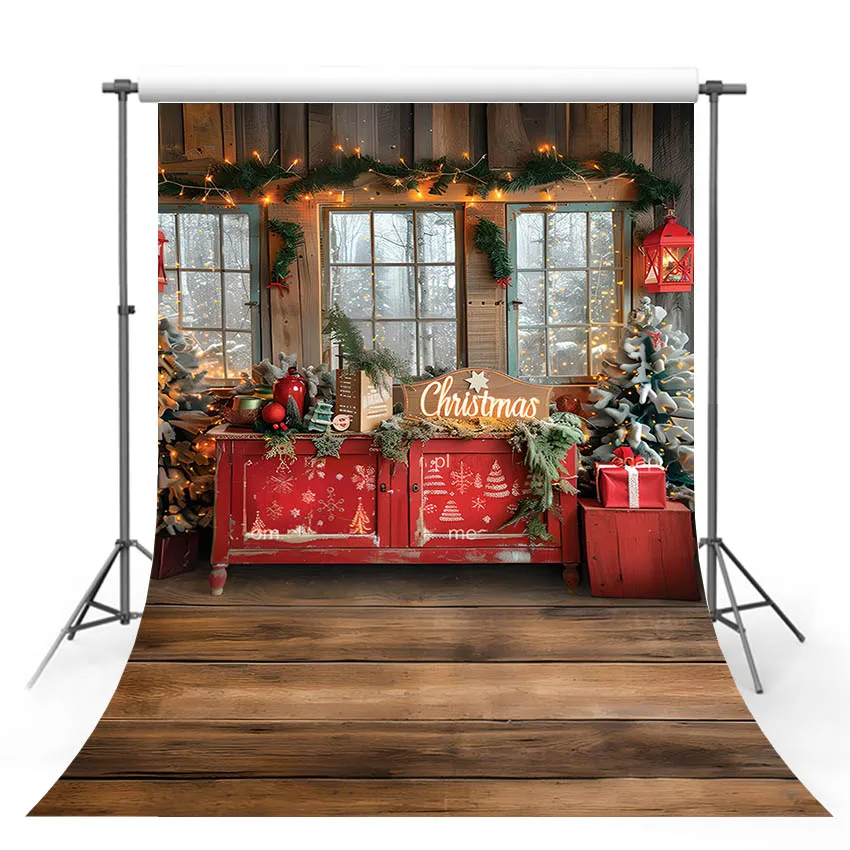 Mehofond Christmas Party Backdrop Family Kids Holiday Party Red Table Glitter Tree Wooden Floor Decor Photography Background