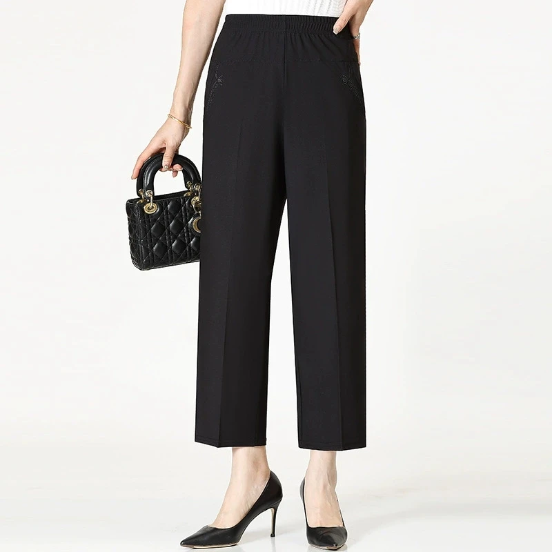 Extra Large Mom Summer Straight Pants Middle-Aged Women Elastic High Waist Grandma Ice Silk Cropped Pants Female Casual Pants