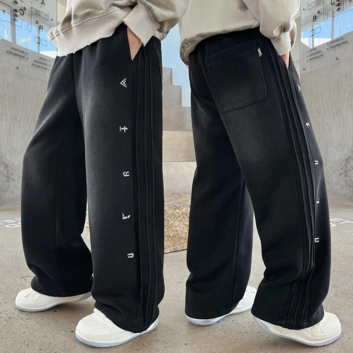 Teenager Boys Wide Leg Korean Fashion Pants Autumn Letter Loose Casual Straight Trousers Sporty Kids Neutral Fashion 4-146Years