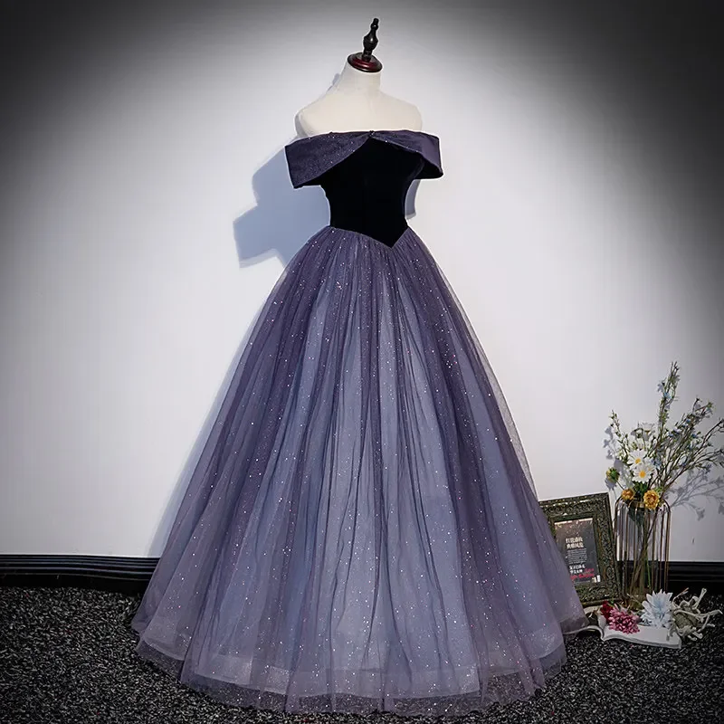 Evening Dress Black Velvet Bling Tulle Off the Shoulder Lace up Princess Floor Length Plus size Woman Party Formal Ball Gown