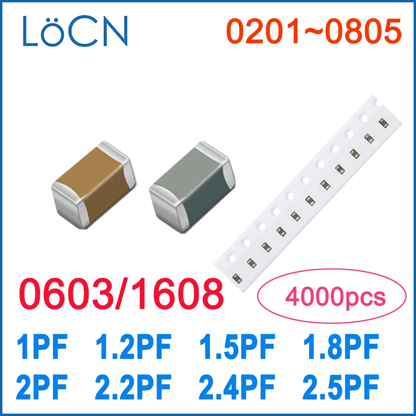4000 قطعة 0603 1608 COG/NPO 1PF 1.2PF 1.5PF 1.8PF 2PF 2.2PF 2.4PF 2.5PF بنفايات 50V 0.25% 0.5% مكثف جودة عالية