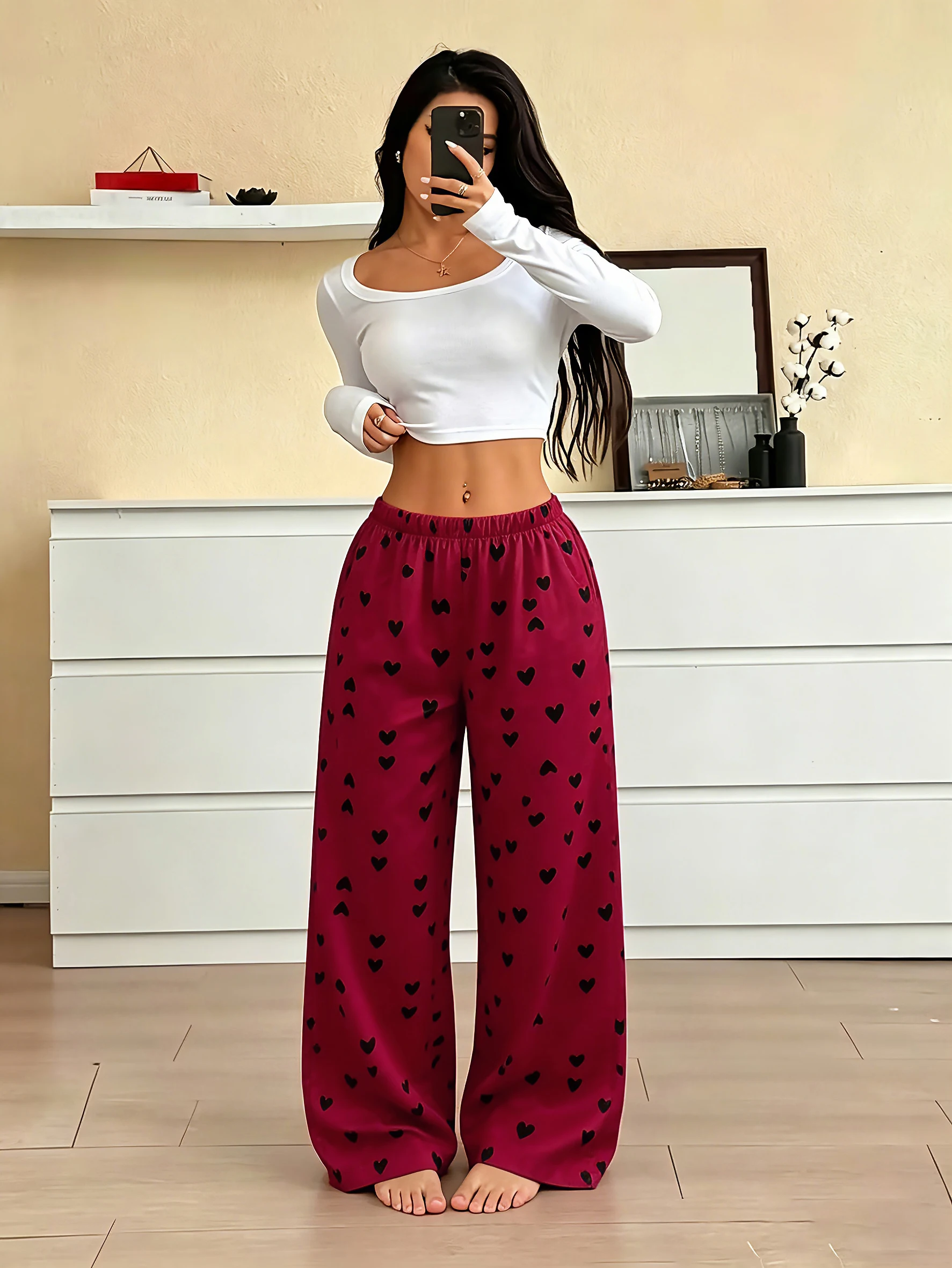 Women Pants Heart Pattern Loose Long Trousers Summer Comfortable Lounge Pants Straight-leg Pants Unisex Streetwear Sports Pants