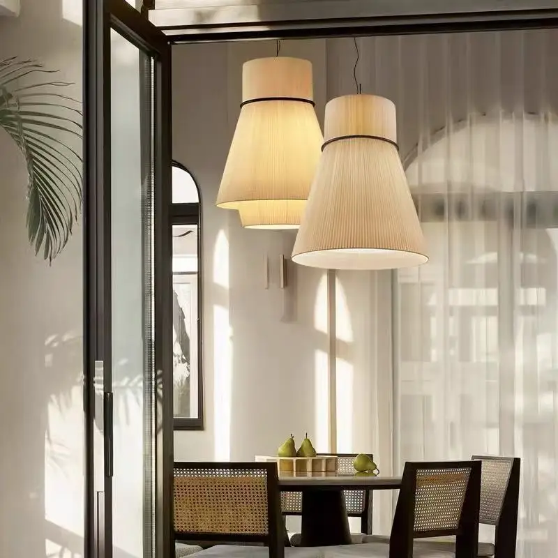 Japanese Ancient Style Cloth Fabric Bucket Shaped LED Pendant Light Art Creative Lamp for Living Room Home Decoration Chandelier