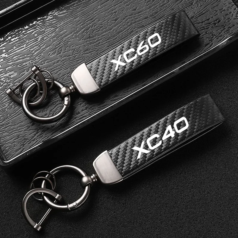 High-Grade Leather Carbon Fible Car KeyChain Rotating Horseshoe Key Rings For Volvo Xc40 Xc60 Xc90 S40 S60 S90 V40 V50 V60 V90