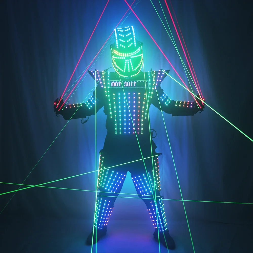 Newest Full Color LED Robot Suit Green Laser Costume Laser Jacket Helmet  Model Show Dress Clothe DJ Bar Performance Rave Outfit