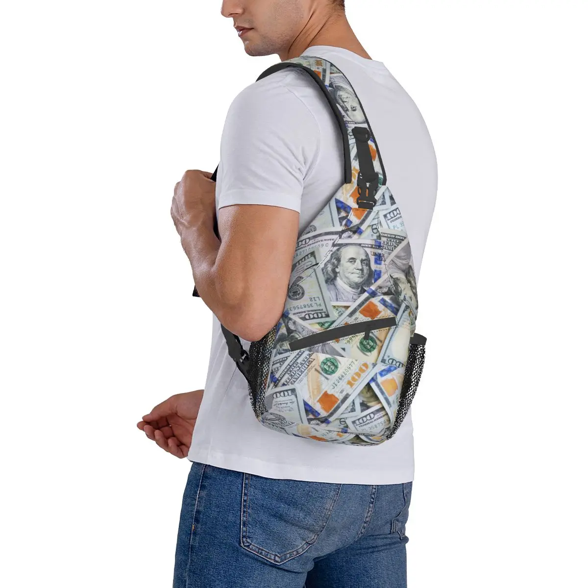 Dollar Crossbody Sling Bags, Saco Peito Pequeno, Mochila de Ombro Dinheiro, Mochila para Viagem, Caminhadas, Mochila Esportiva