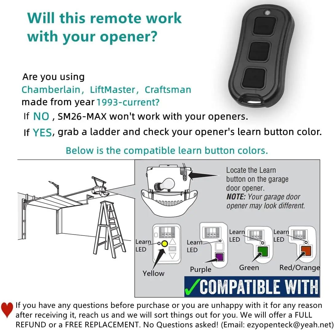 Universal Garage Door Opener Remote, for Liftmaster Chamberlain Craftsman Openers with 5 Colors Learn Button