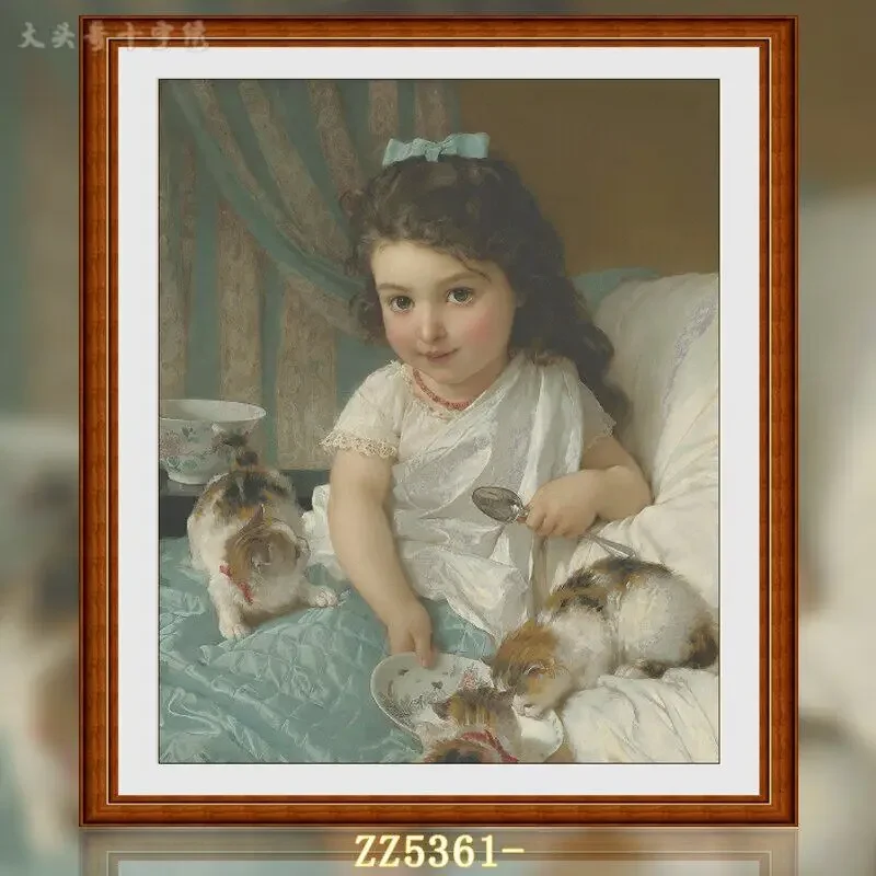 [ZZ5361-The Little Princess Who Feeds the Cat] 11CT 14CT 16CT DIY Stamped Cross Stitch Kit with Printed Canvas and Cotton Thread