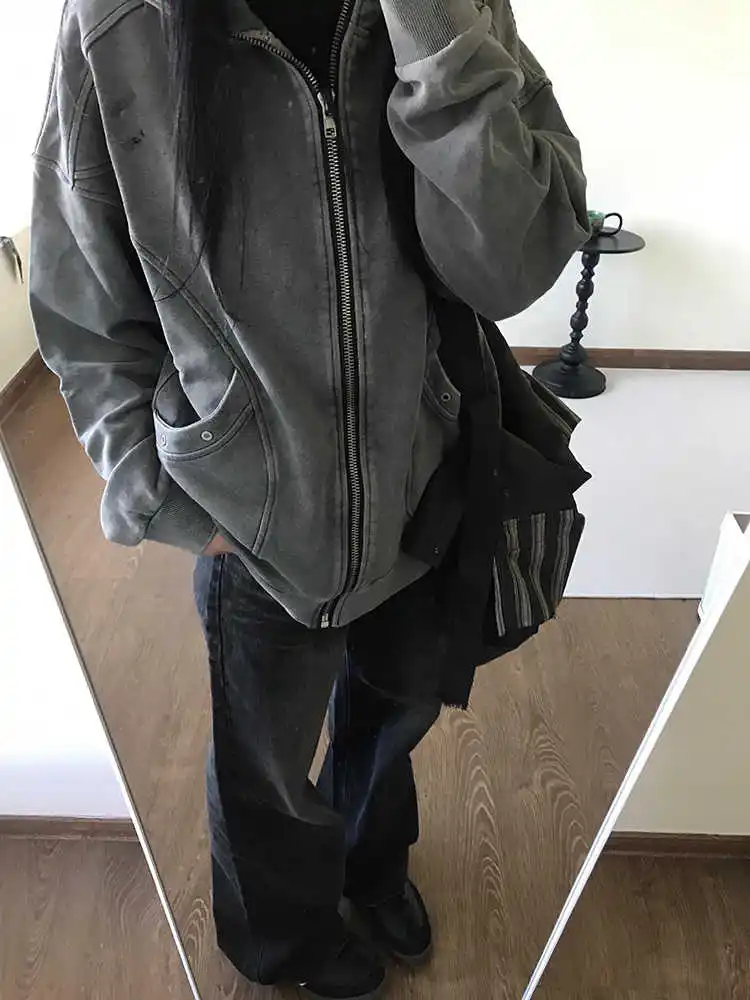 

Women's Grey Vintage Coat Spring Autumn Casual Top Vintage Outerwear Female Long Sleeved Hooded Sweatshirt Jacket
