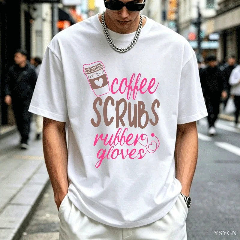 Coffee Scrubs and Rubber Gloves T-Shirt Print Cotton Men T Shirt Short Sleeve Round Neck Casual Top for Women's Clothing Tops