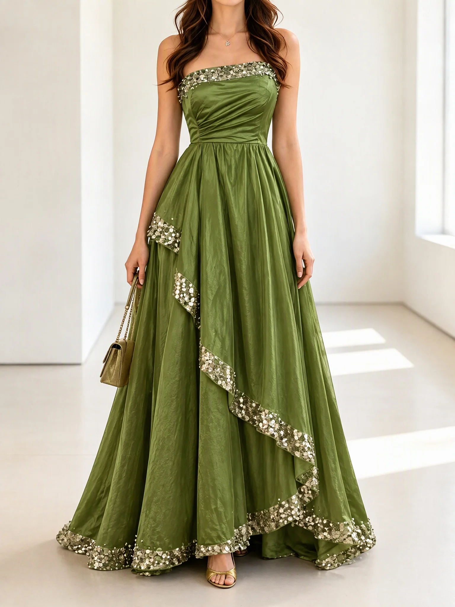Vestido de fiesta de satén sin tirantes para mujer, con lentejuelas de lujo, sin mangas, talla grande, con dobladillo asimétrico, vestido de gala formal, vestidos de noche para invitadas de boda