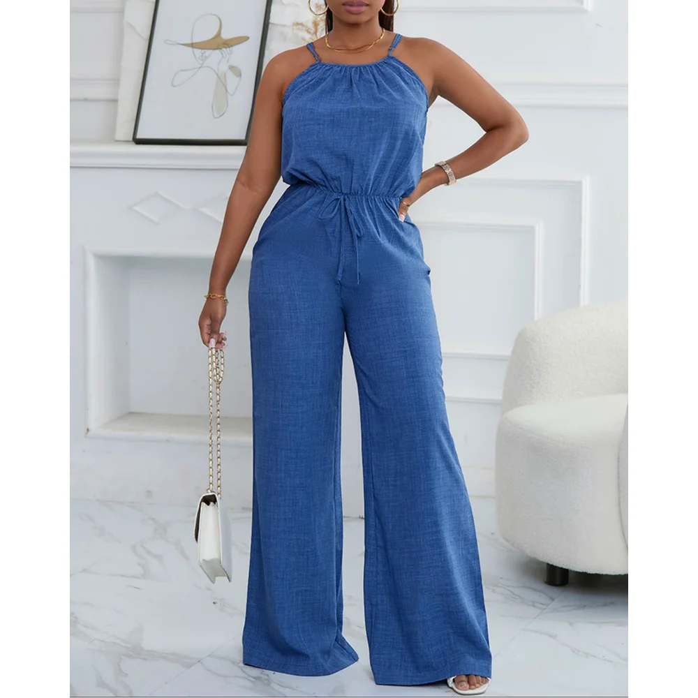 Summer O Neck Waist Lace Up Jumpsuit Spaghetti Strap Drawstring Casual Wide Leg Romper