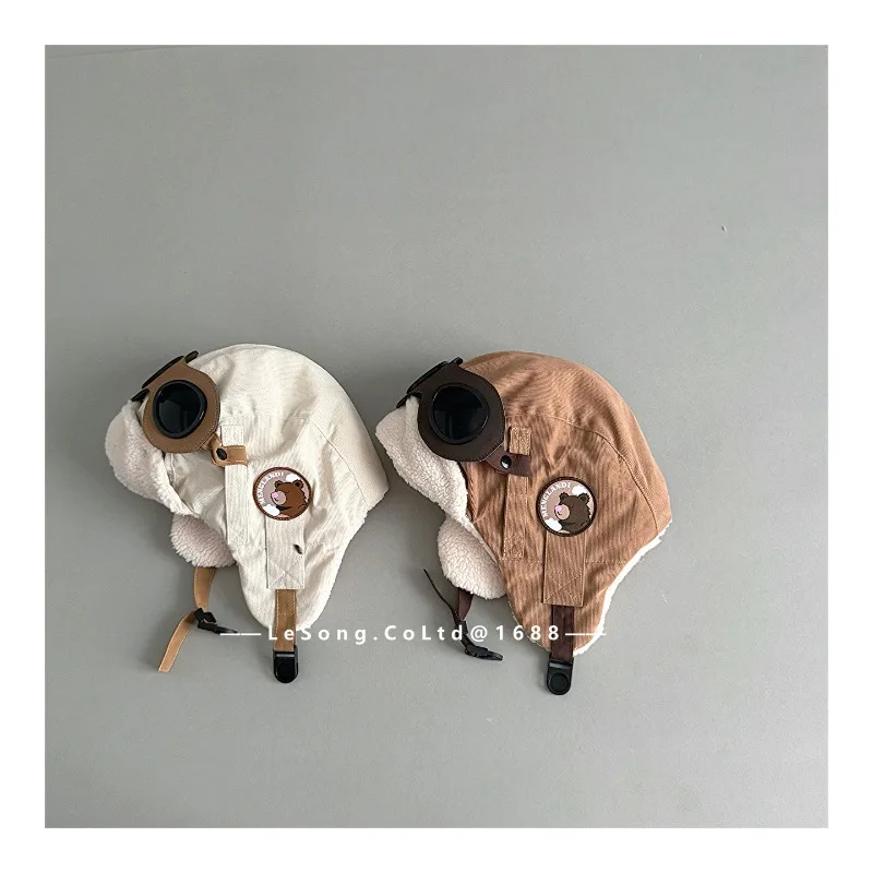 Gorro de invierno para niños con parche de oso, gorros de bombardero gruesos de lana para niños y niñas, gorro de esquí con protección para los oídos a prueba de viento H1544