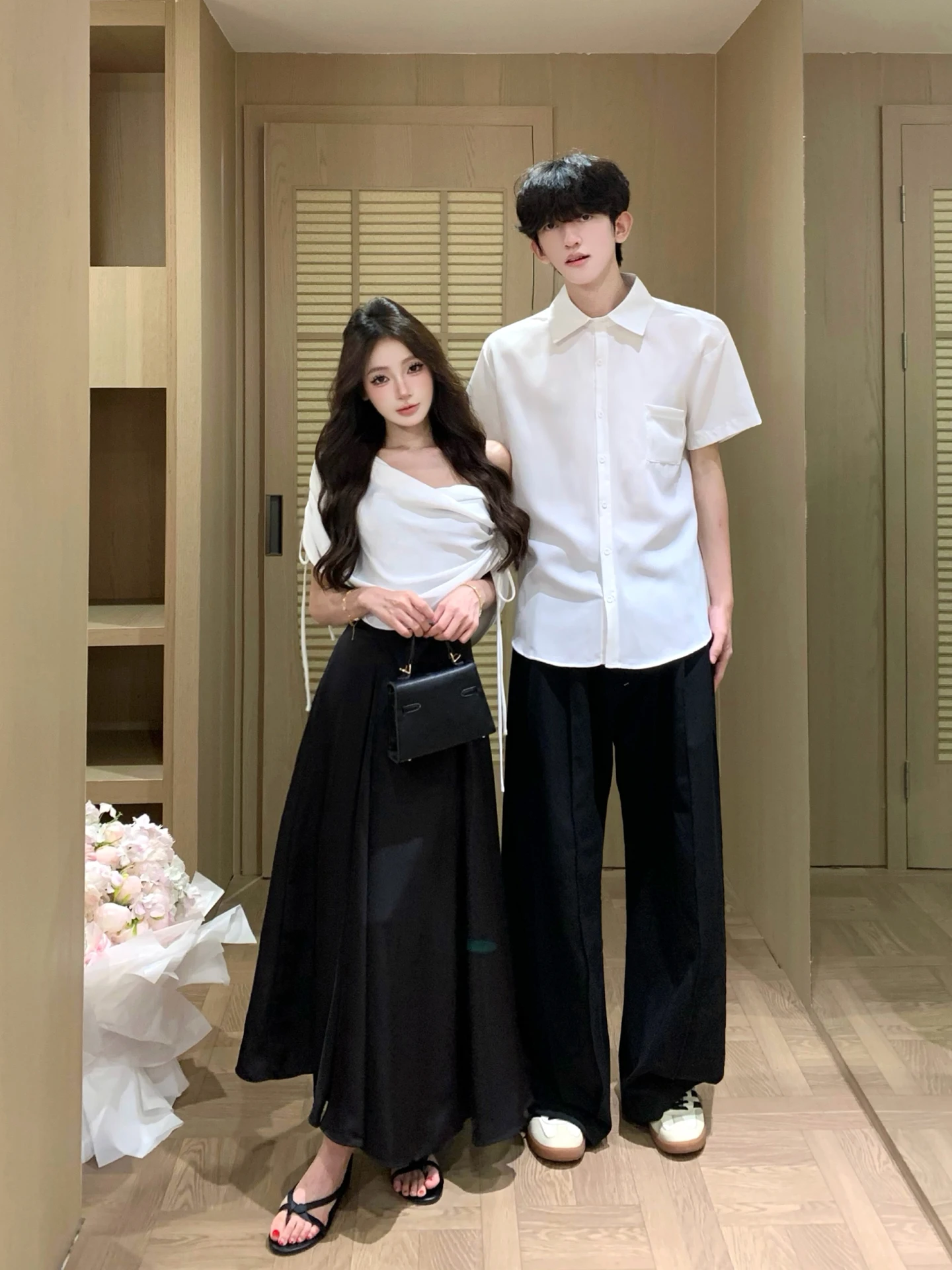 Conjunto de casal com design exclusivo, estilo americano, camisa de manga curta e vestido que afina a cintura, moda jovem de ...