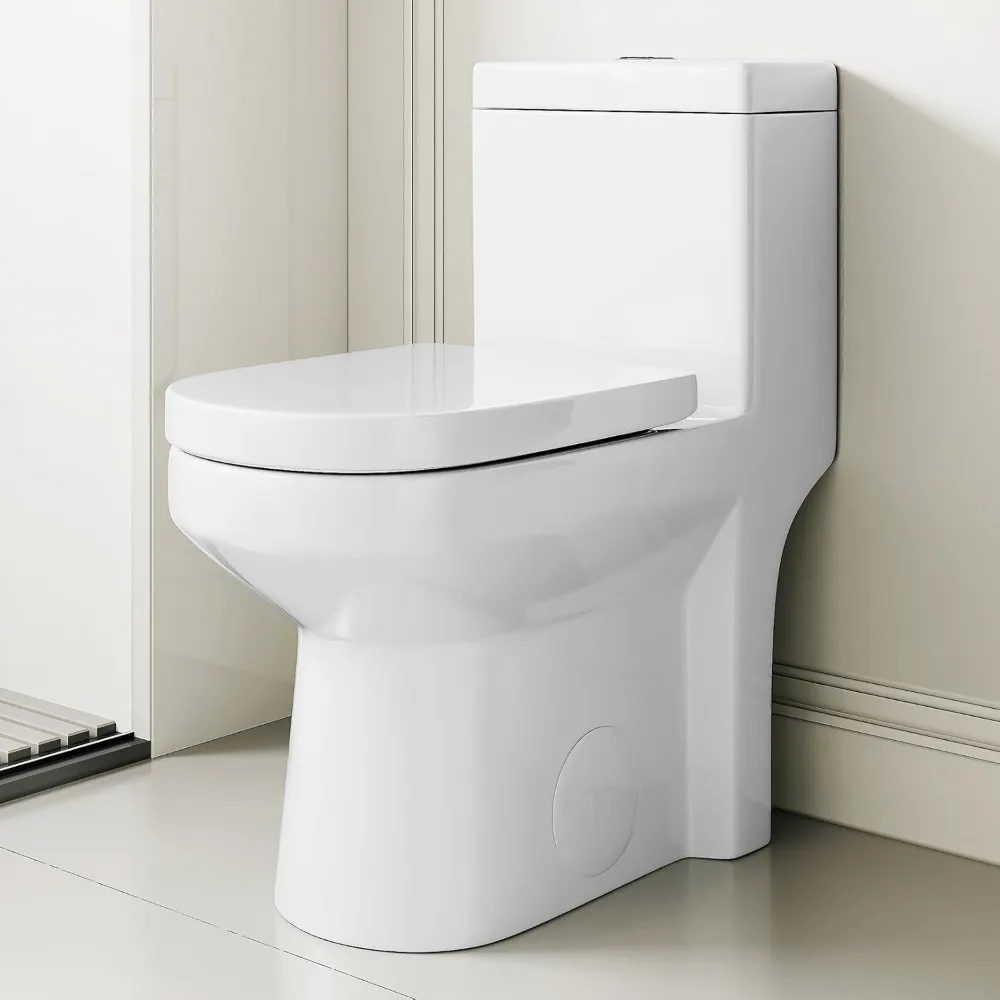 

One Piece Toilet for Bathroom, Space-Saving Powerful Dual Flush Round Small Toilets, Average 1.28 GPF, Skirted Design
