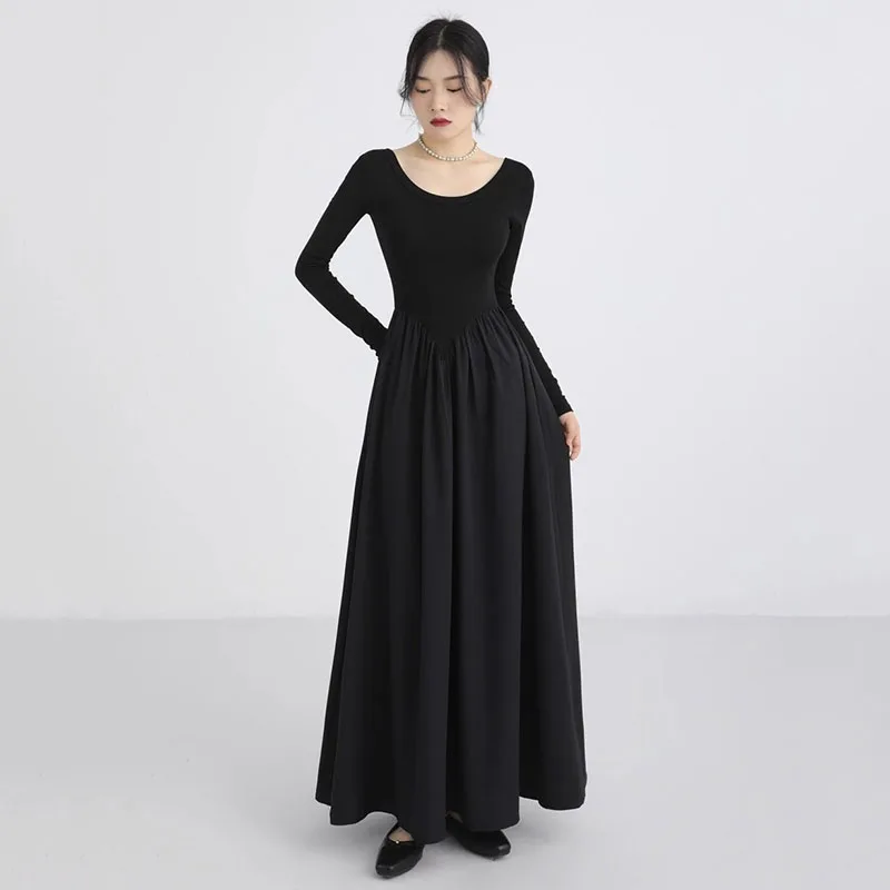 الكورية الخصر النحيف فساتين طويلة للنساء النمط الفرنسي المرقعة فستان بكم طويل امرأة أنيقة بسيطة س الرقبة ألف خط فستان ميدي #4