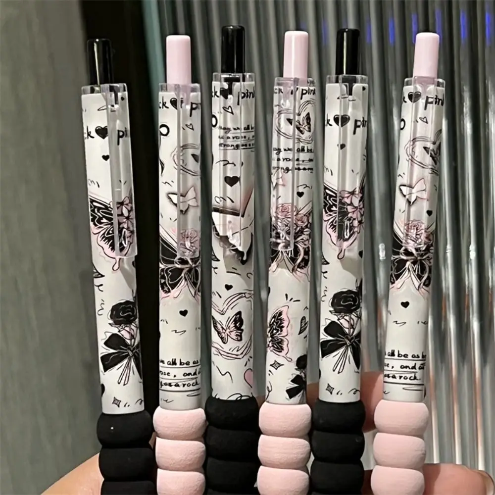 4PCS/Set Quick Drying ST Tip Gel Pen Press Type 0.5mm Black Ink Ballpoint Pen Soft Grip Rose Series Writing Tools Gift