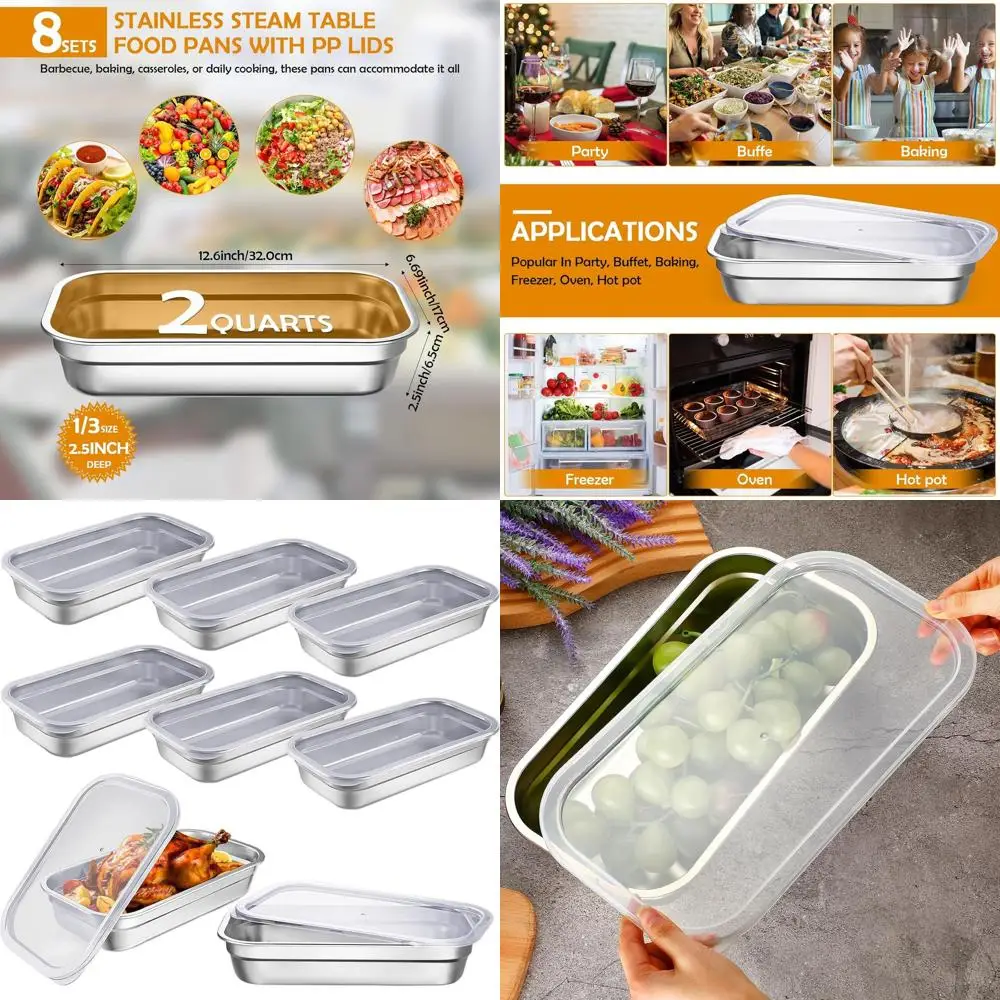 

8-Piece 304 Stainless Steel 1/3 Size Stackable Food Containers with Lids for Restaurant, Kitchen, and Buffet Use