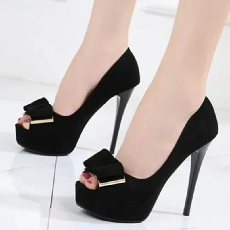 New Women's Pumps Waterproof Platform Fish Mouth Bowknot Decoration Classic Black Super High Heel Female Club Party Single Shoes