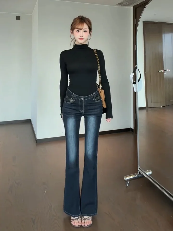 

Женские джинсы с высокой талией, расклешенные, с подкладкой для ягодиц, из хлопкового эластичного денима, микро-клеш, весна-осень