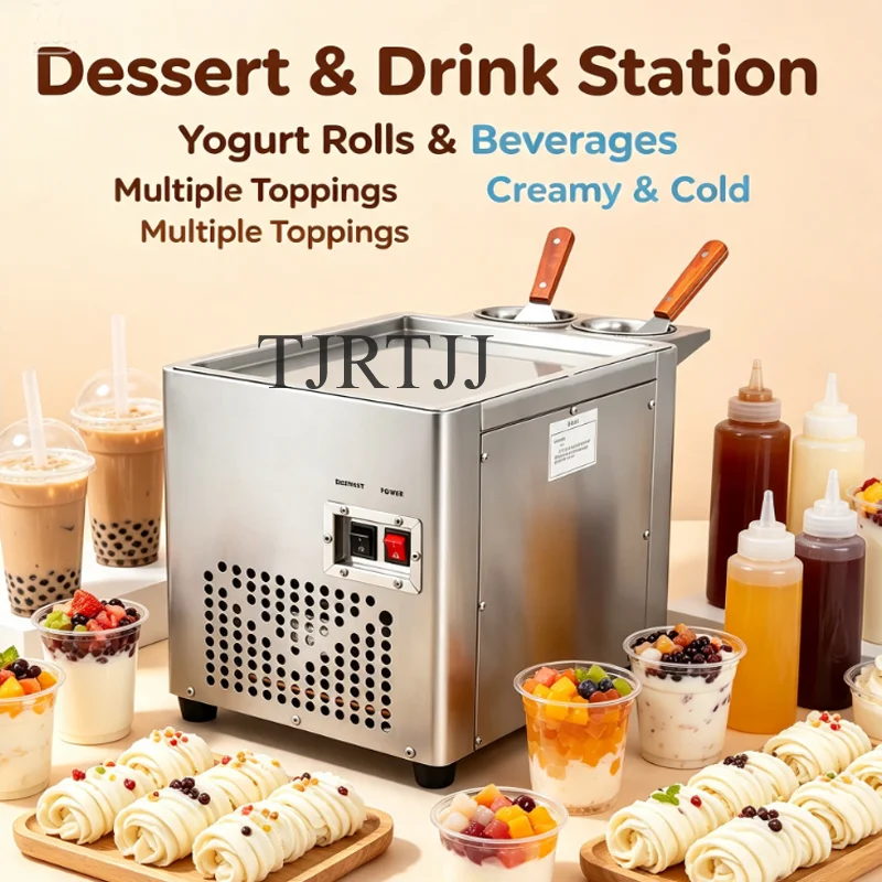 Image of Elektrische Maschine zur Herstellung gebratener Eisbrötchen, quadratische Pfanne aus Edelstahl, Thailand, Braten von Obst, Joghurt, Eismaschine