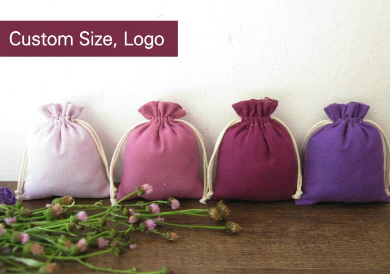 40PCS Purple Linen Drawstring Bags Packing Jewelry Cosmetic Makeup Drawstring Pouch Wedding Party Gift Storage Sachet Print Logo