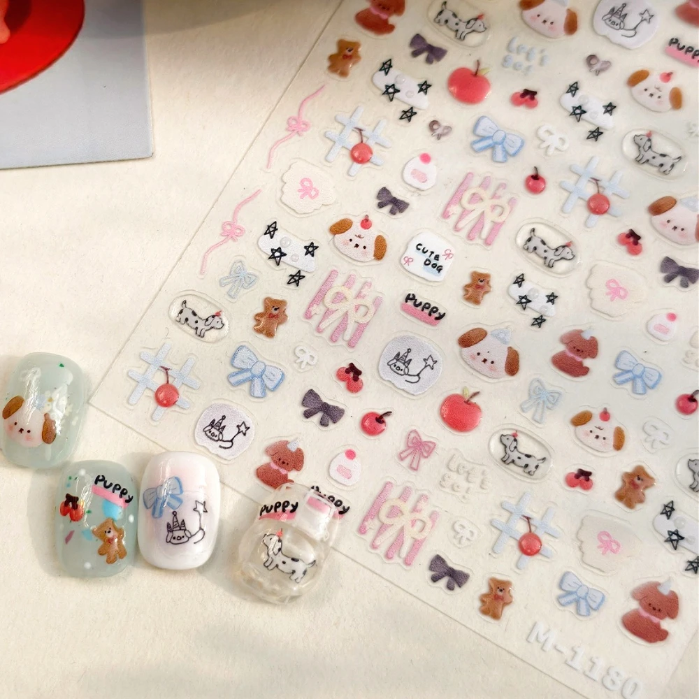 

Cute Dog Bear Bowknot Apple Cherry Stars Cartoon Graffit 3D Self Adhesive Nail Art Stickers Lovely Puppy Cat Manicure Decals