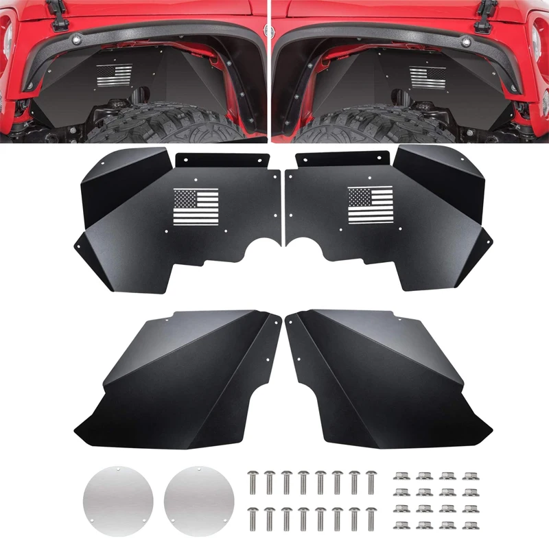 

(US Flag Logo) Front Inner Fender Liners Fit for Jeep Wrangler 2007-2018 JK JKU 4WD Lightweight Black Aluminum Splash Guards