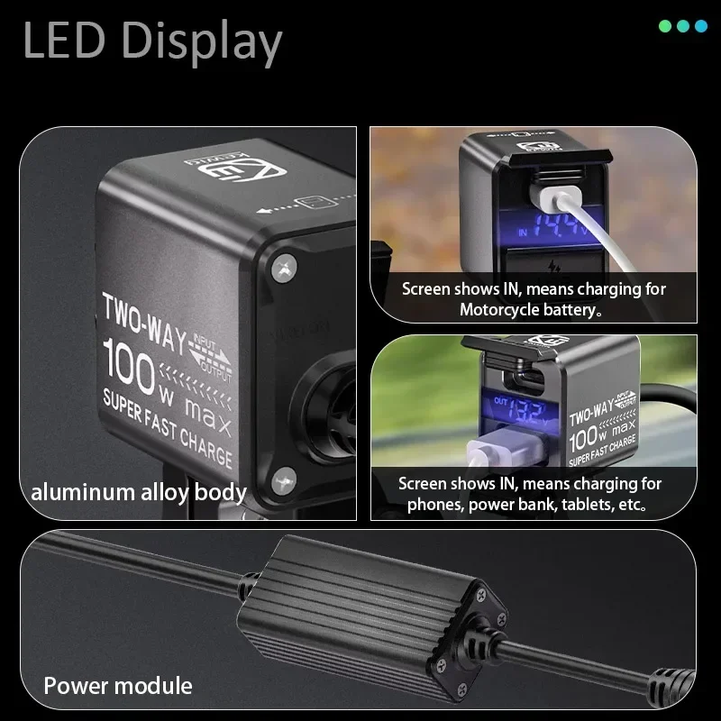Motorcycle USB Phone Charger 100W Super Fast Emergency Two-Way Charging PD & QC3.0 Moto Battery Charger & Voltmeter For iPhone - náhled 5