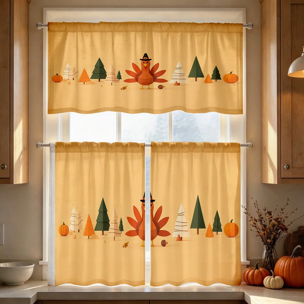 Thanksgiving Fall Kitchen Curtains, Cartoon Turkey Pumpkin, Digital Print, Kitchen Dining Room, Rod Pocket Polyester, Home Decor