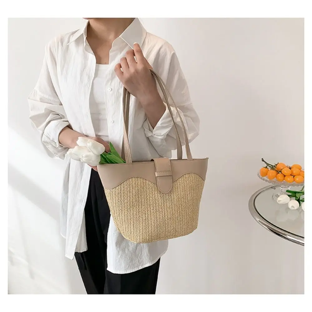 Summer Straw Small Bucket Bag 2024 Trendy Handbags for Women Hand Weaving Clutch Female Leather Shoulder Shopping Bag Tote Purse