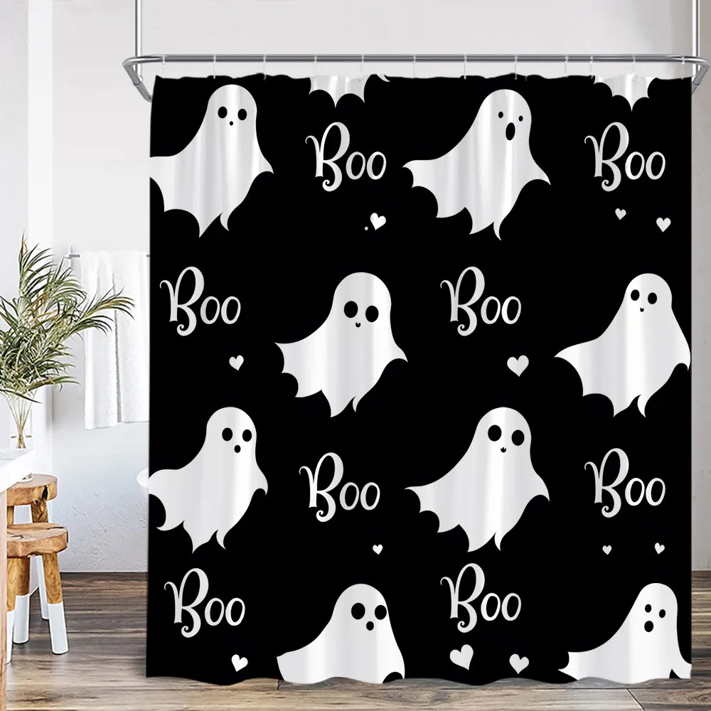 Cartoon Ghost Spooky Halloween Shower Curtain Apparition Pumpkin Happy Halloween Bathroom Decor Kid Child Polyester Bath Curtain