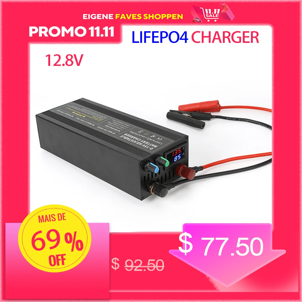 12V Lifepo4 Charger 12.8V/14.6V 60A 100A Battery Charger 100A Fast Charger 100V-220V Current and Voltage Dual Display Adapter