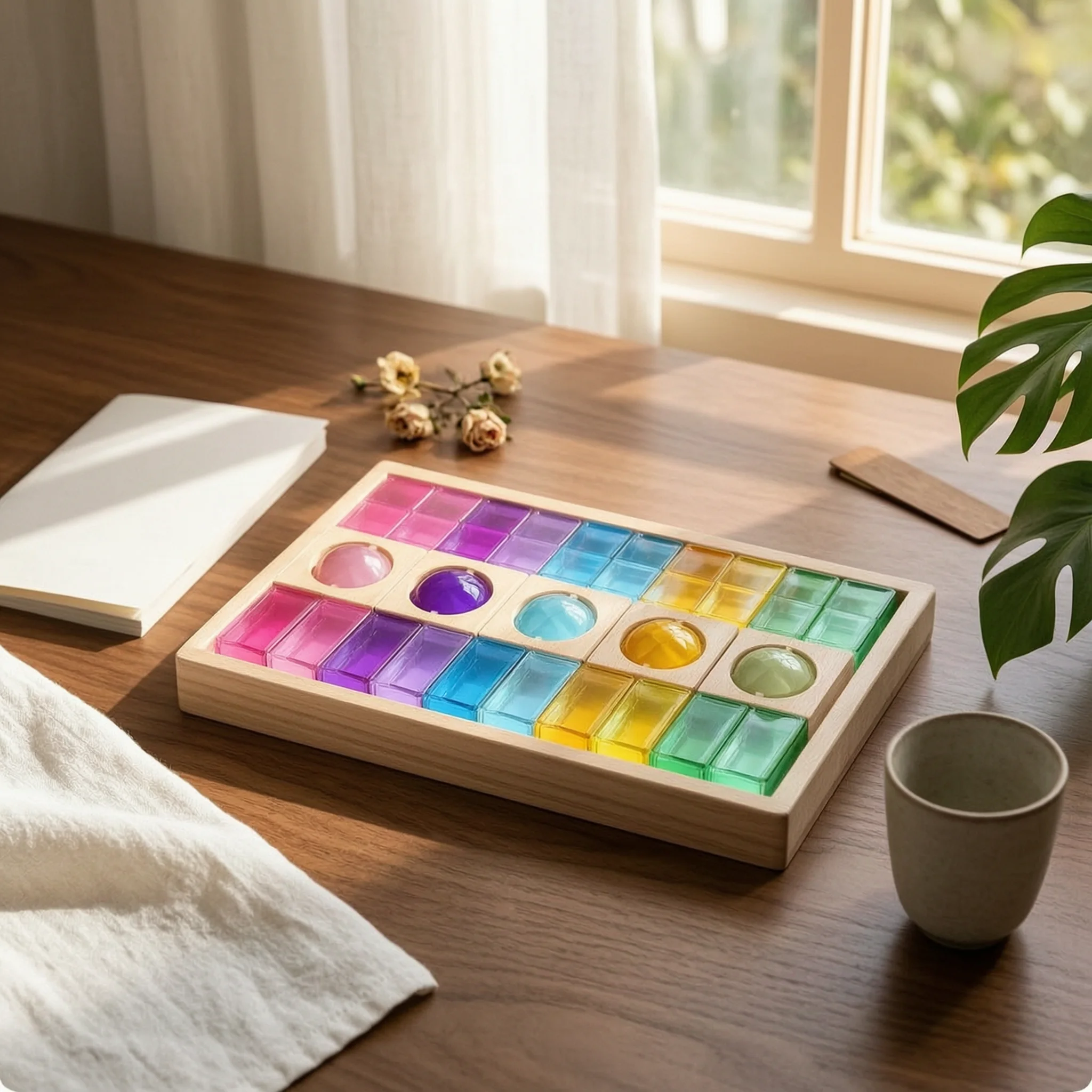 

Acrylic Gemstone Building Block Toy Colored Wood Frame Block Tray Rainbow Acrylic Blocks Hand-Eye Coordination Kids Play Item