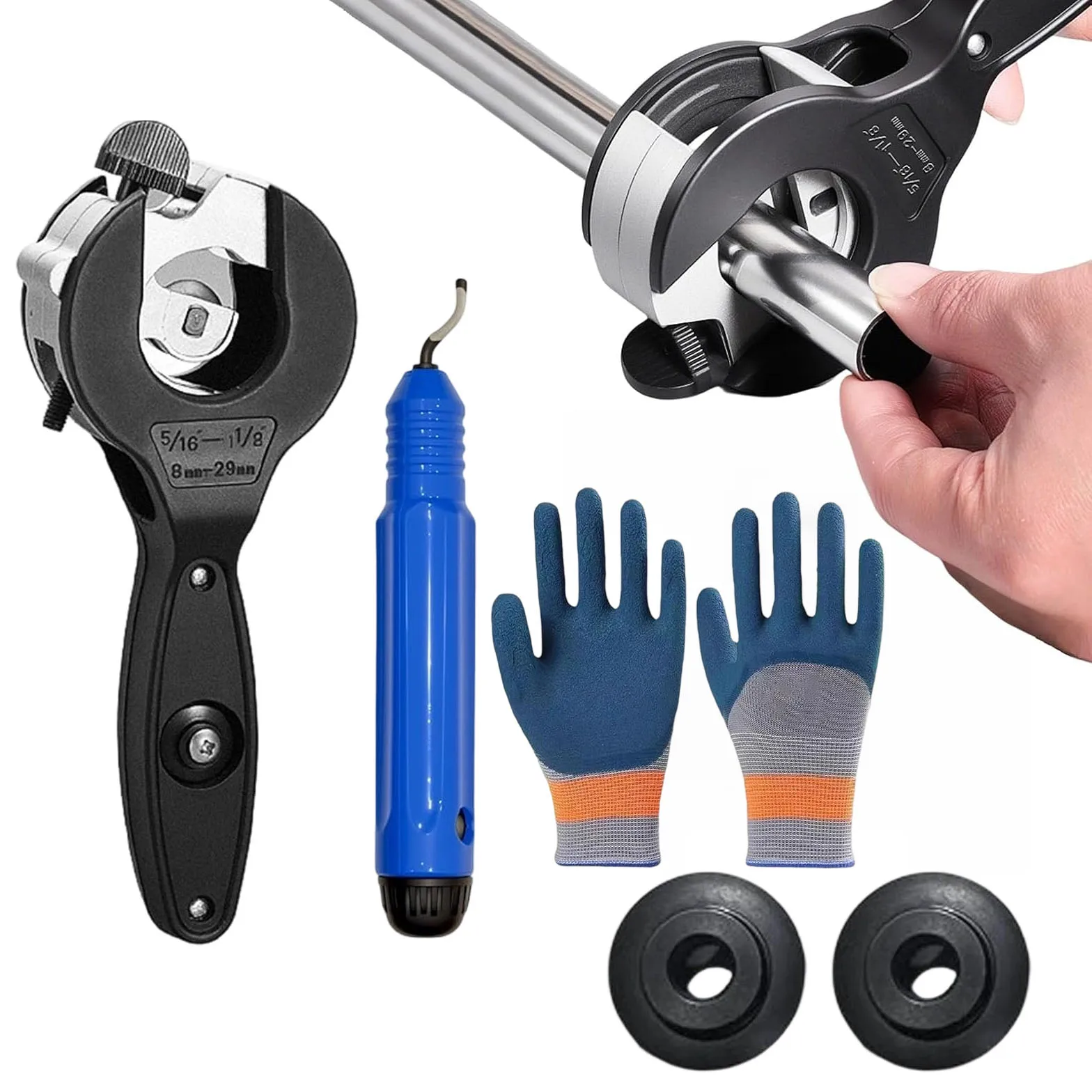 2-in-1 Ratschenrohrschneider (5/16"-1-1/8") für enge Räume, kompaktes Kupfer- und PVC-Rohrschneidset mit Entgratungswerkzeug