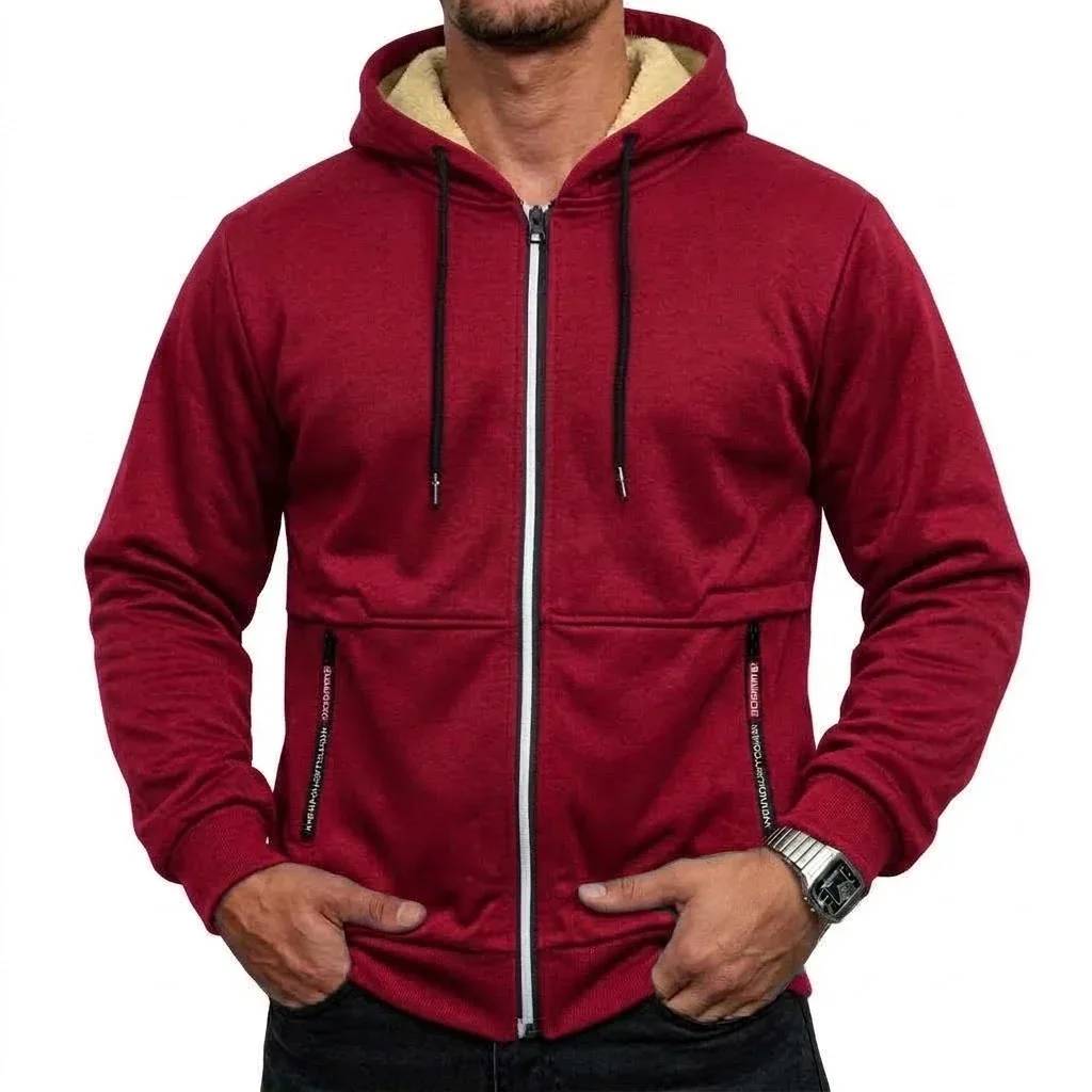 Neue Herren-Hoodie-Jacke mit Reißverschluss und Sherpa-Futter, Warme Dicke Winter-Fleece-Kapuzenjacke, Thermisches Freizeit-Oberbekleidungsstück, Schwergewichtiger Mantel – Detail 6