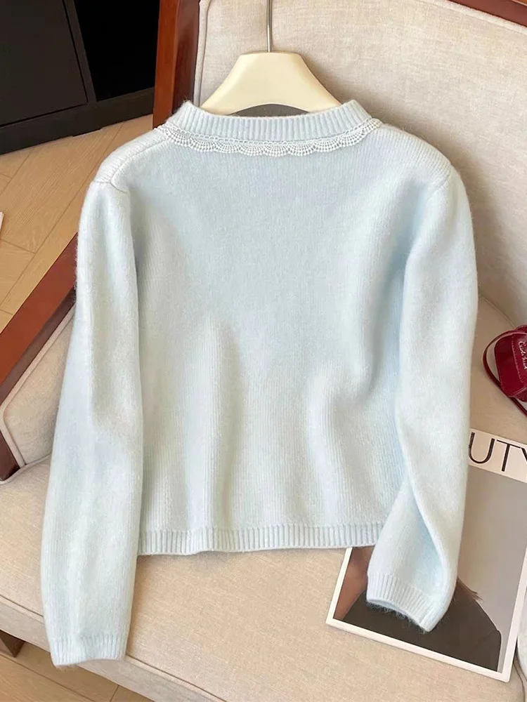 Damski kardigan z kokardą, długi rękaw, uroczy, z koronkowymi wstawkami, vintage, dzianinowy sweter, styl japoński preppy, słodki, casualowy, retro top, nowy