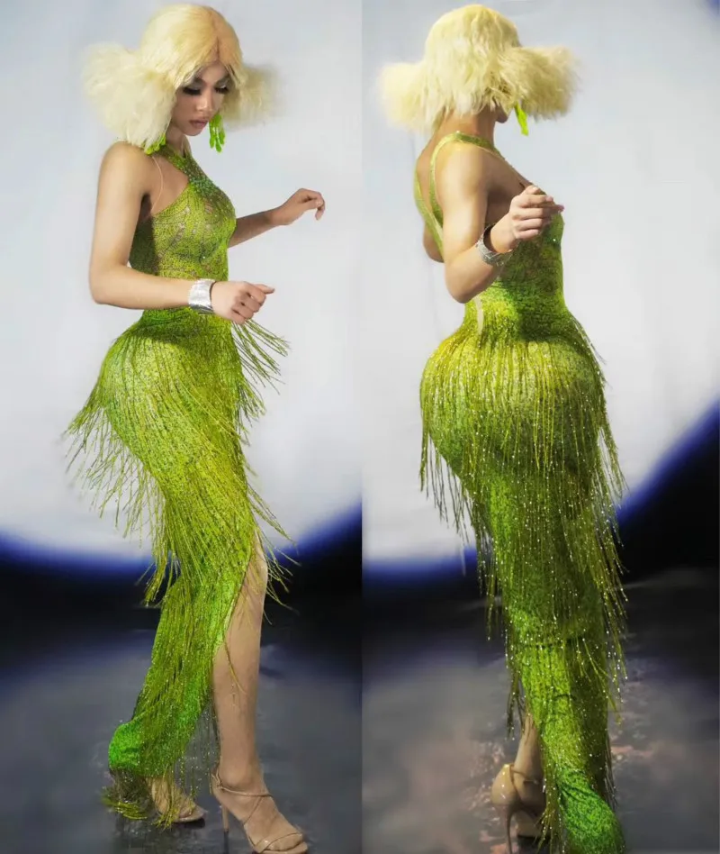 

Rhinestone Dance Outfit Wear Green Tassels Elastic Prom Dress Party Nightclub Show Dress Long Stage Dress