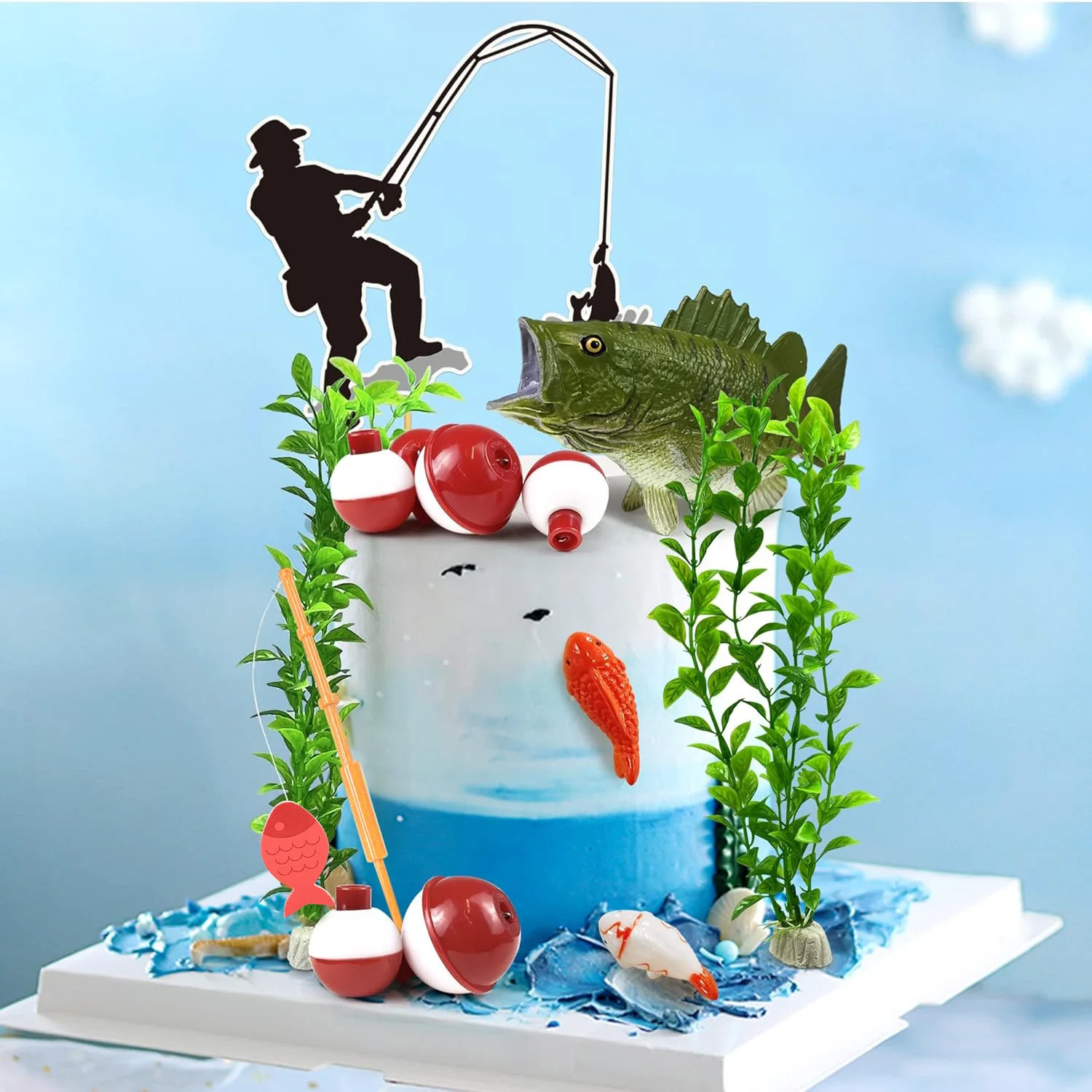 14 Stück Fischer-Themen-Dekor zum Angeln, Kuchenaufsatz mit Angelsilhouette, Angelausrüstung, Seegras für den Ruhestand, Partyzubehör – Detail 4