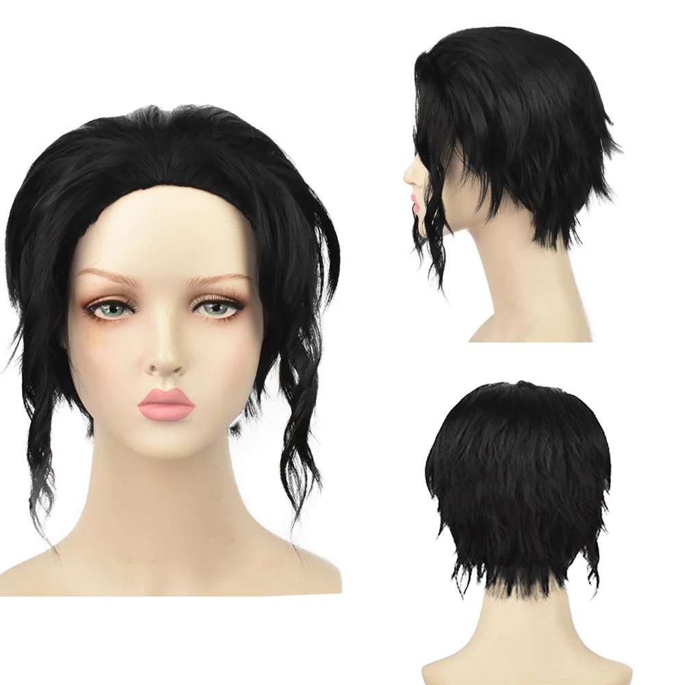 Alta calidad Anime Muzan Kibutsuji Cosplay pelo sintético negro pelo corto y rizado Halloween peluca para fiesta diaria resistente al calor Natura