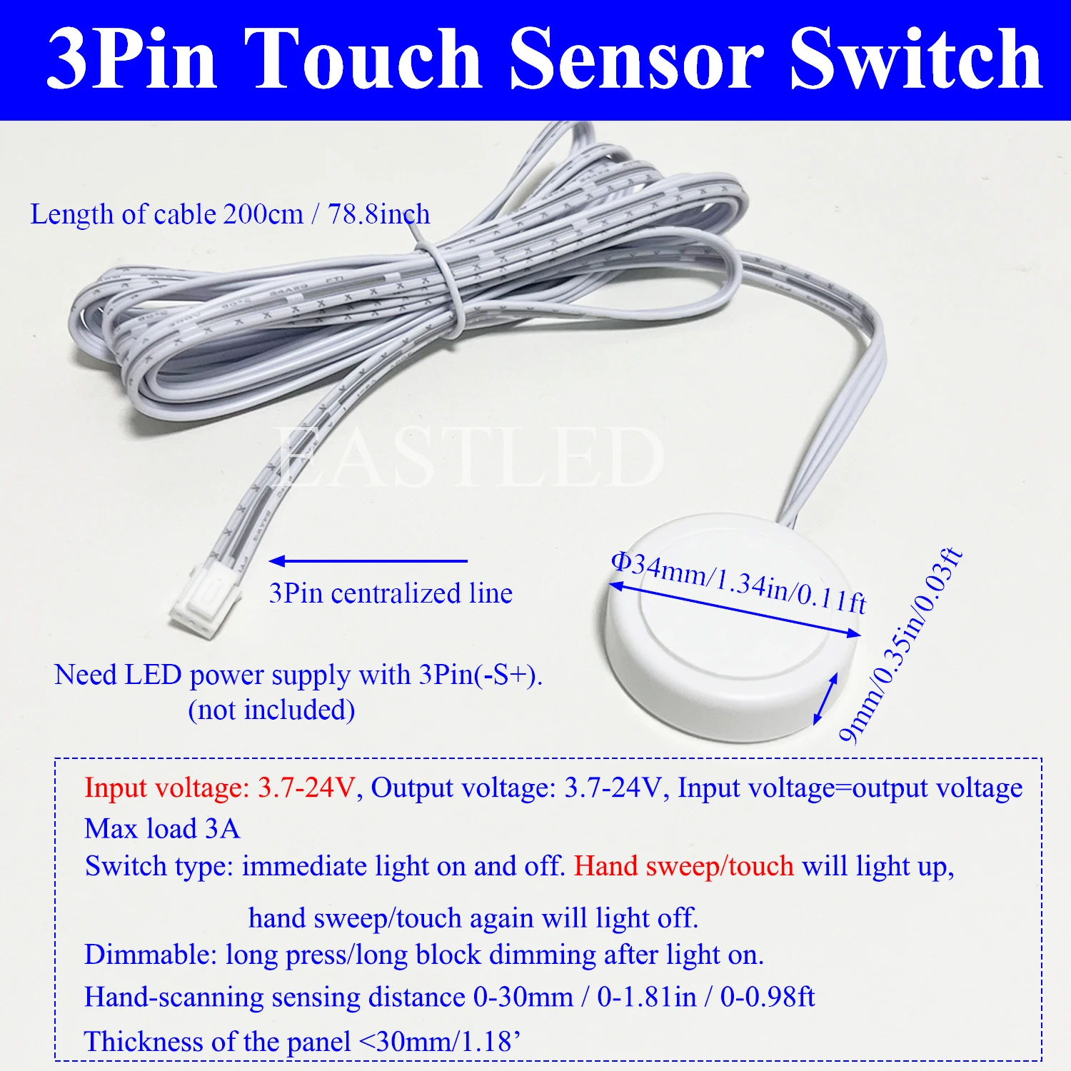 3Pin Centralised Switches Touch Sensitive LED Light Switch Dimmable 12V 24VDC Sensing Detector Across Wood for Kitchen Cabinet