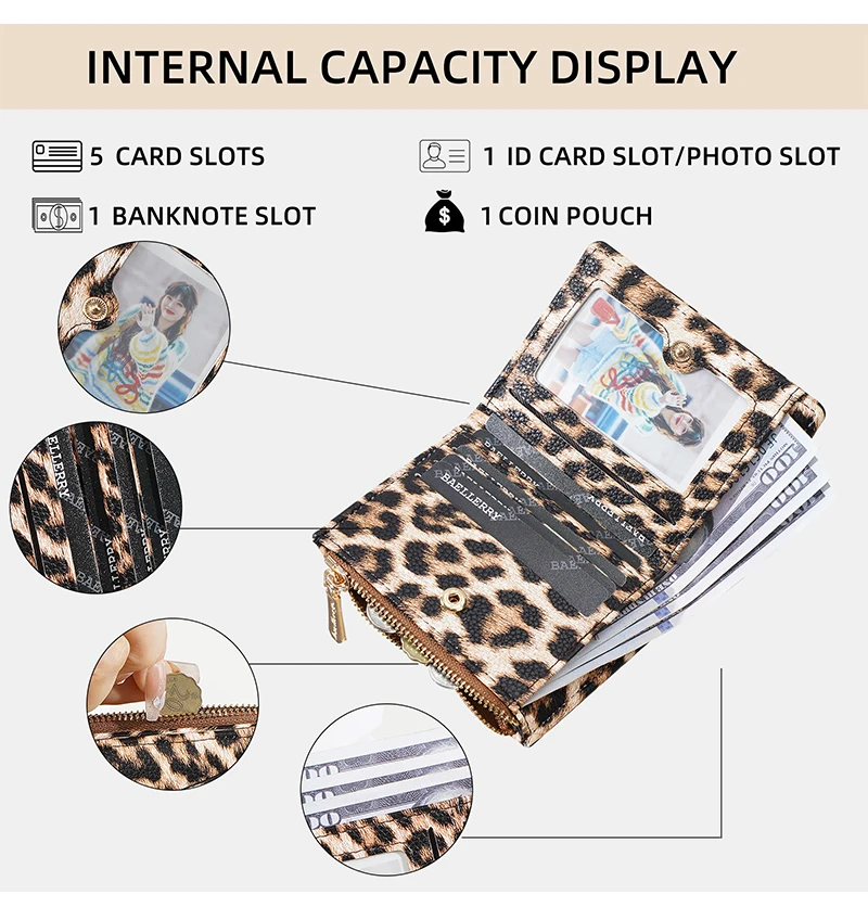 Baellerry Women's Leopard Short Wallets Pu Leather Wallets Vintage Female Coin Purse Large Capacity Hand Bag Card Holder