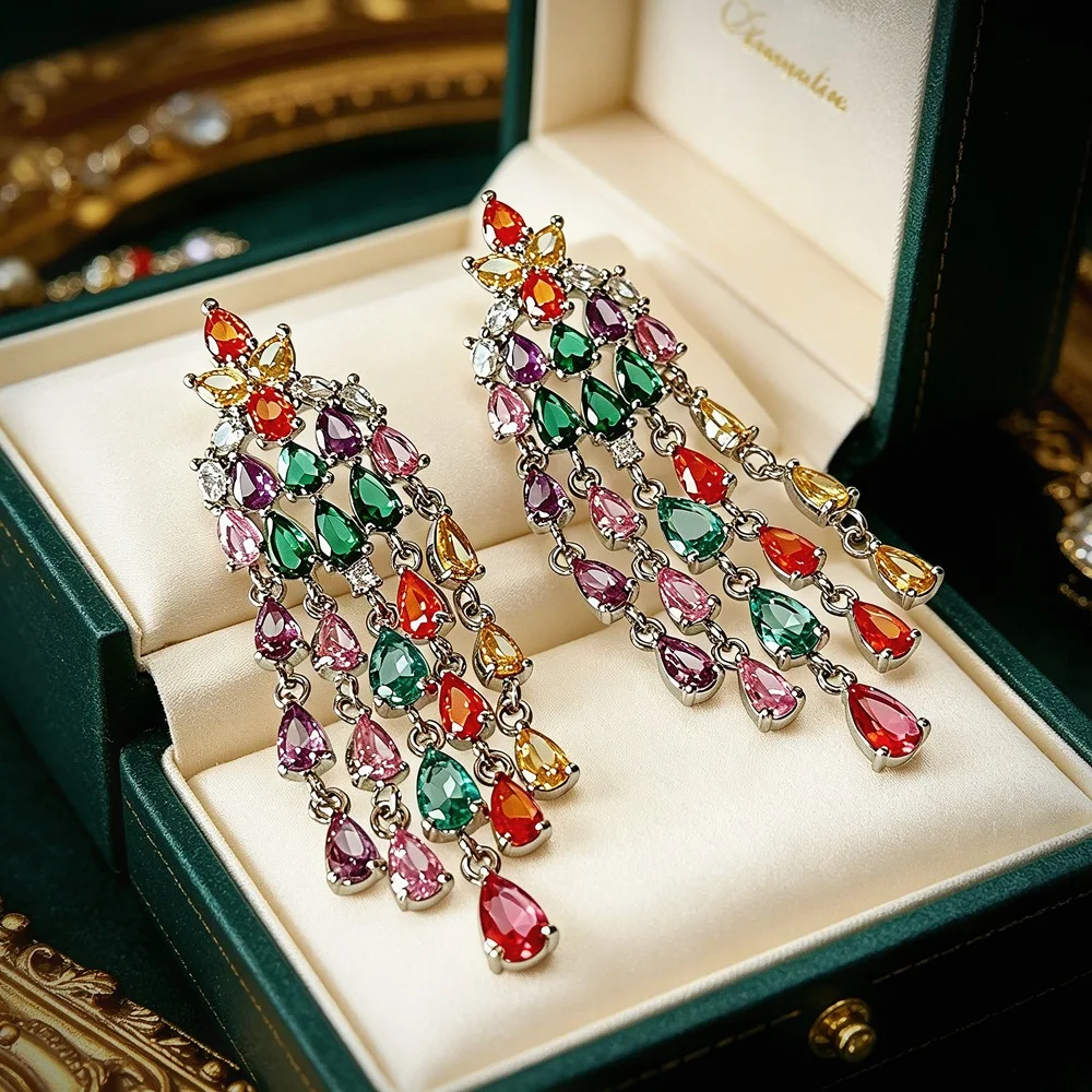Luxury Waterfall‑style Multicolour Teardrop Zirconia Long Dangle Earring Micro‑Paved Tassel Silver‑Pin Earrings Fashion Party Ac