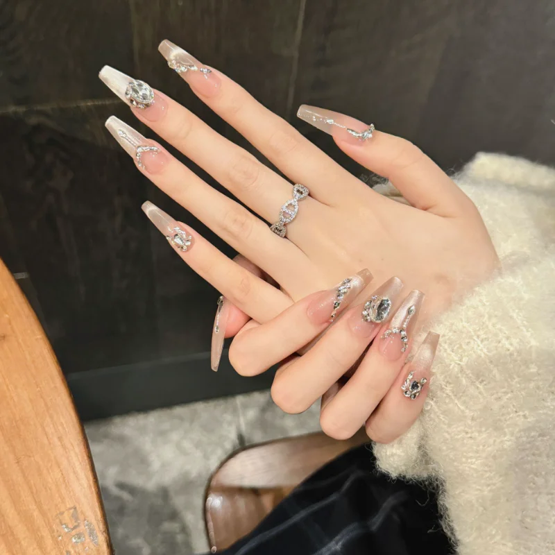 10pcs 수제 네일 아트 고양이 눈 가짜 손톱 접착제 라인 석 거짓 손톱 긴 매니큐어 발레 프레스 디자인 2025 손톱에