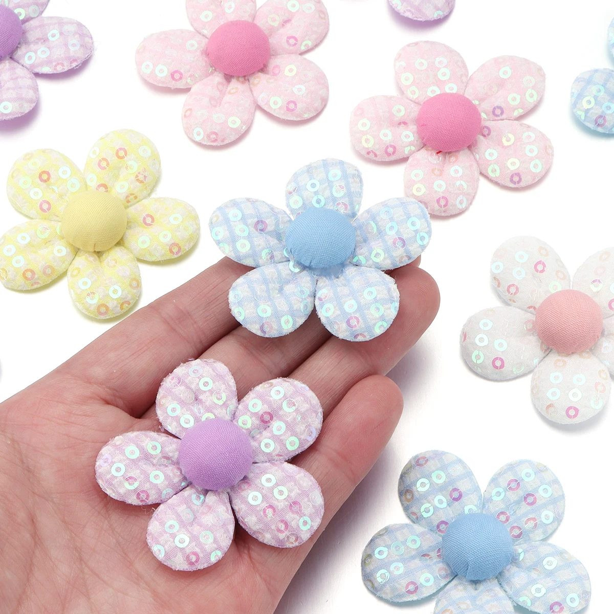 10pcs/lot Sequin Plaid Fabric Flower Appliques Cloth Flower Patches For Dress Garment Decoration Hairpin DIY Craft Accessories
