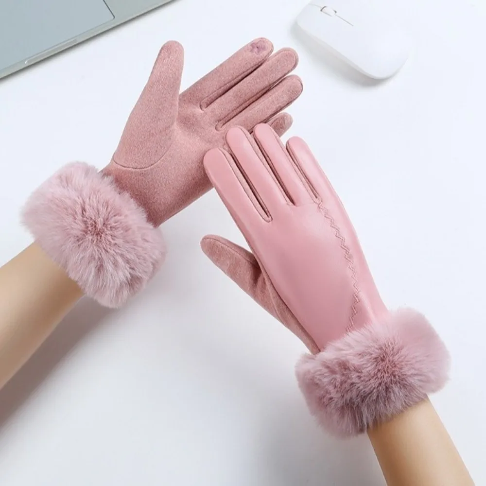 Fleece Lined Leather Gloves Fur Cuff Anti-splash Water Winter Mittens Longer Wrist Soft Texture Thermal Handwear Snow Travel