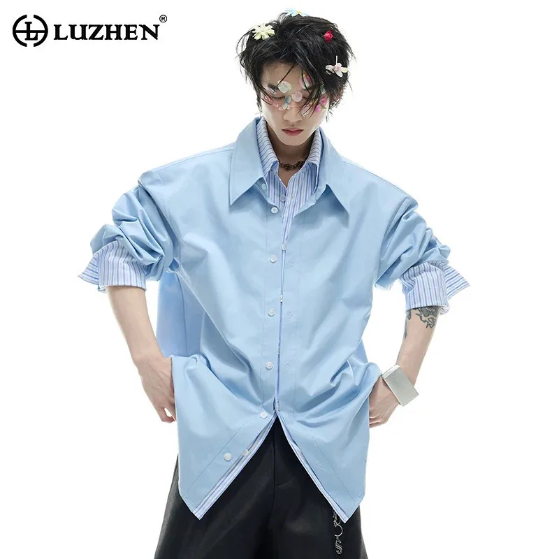 

LUZHEN 2025 New Spring Double Layer Fake Two Piece Design Stripe Shirts And Solid Color Jacket Men's Stylish Long Sleeve JY1281