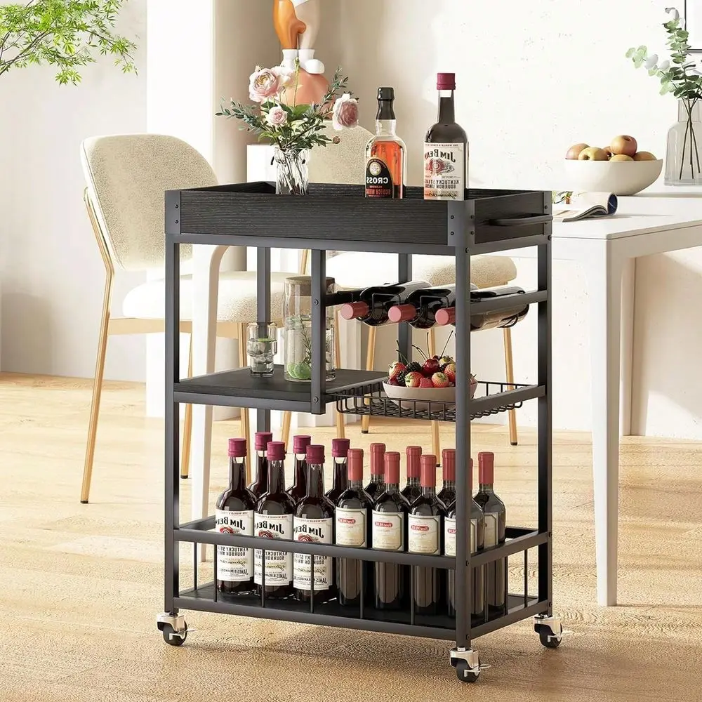 

Cart Wine Glass 3 With Basket Tier Home Rolling Rack With Wheels Mobile Kitchen Industrial Vintage Style Wood Metal Serving Tro