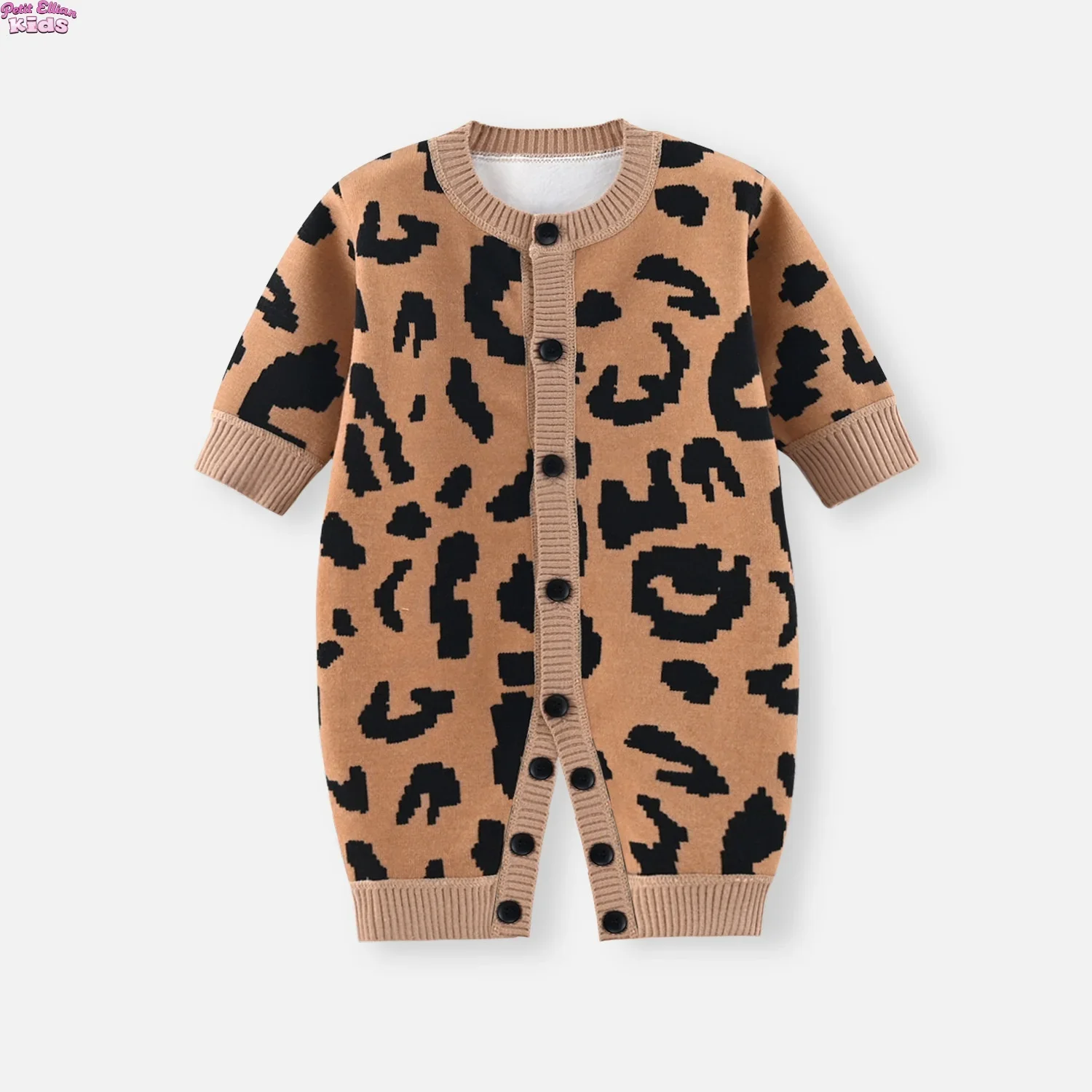 

Toddler Baby Autumn Clothes Knitted Romper 0-18M Newborn Girls Boys Khaki Leopard Print Long Sleeve Button Front Cute Jumpsuit